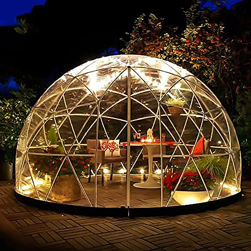 Serra da giardino a cupola igloo, 3,7 x 2,2 m, in PVC, resistente alle intemperie, tenda a bolle da giardino con 2 corde luminose da 10 m, trasparente, per esterni, feste