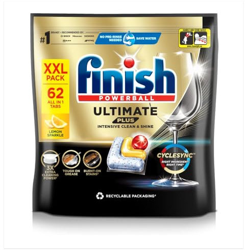 Finish Dishwasher Tablet, Ultimate Plus, 62 Detergent Tablets, Lemon Sparkle, Tough on Grease, For our Most Intensive Clean & Diamond Shine, Effective for Short Eco Cycle