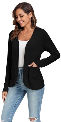 TownCat Cardigan Donna Lungo con Tasche Leggero Elegante Manica Lunga Comodo Leggero e Sottile Morbido Casuale Colore Solido Cappotto Versatile Nero S
