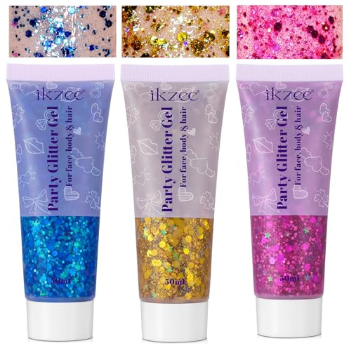 Body Glitter Gel 3PCS, 50ml Blue Gold Red Face Hair Glitter Gel Sequins Shimmer Liquid Eyeshadow, Liquid Holographic Glitter Gel, Chunky Glitter for Music Festival, Parties, Performances, Stages