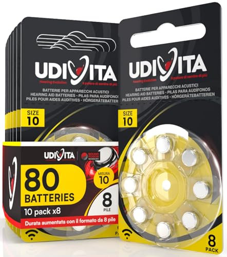 80 Piles Auditives Taille 10 Udivita PR70 (Jaune) avec Technologie Phono Pulse - 10 Blisters de 8 Piles