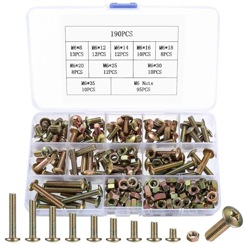 190-teiliges M6-Schrauben und Muttern-Set, Kreuzschlitzschrauben, Muttern und Bolzen, Rundkopf-Kreuzschlitzschrauben, Schrauben und Muttern, sortierte Maschinenschrauben mit Muttern, Sortiment für