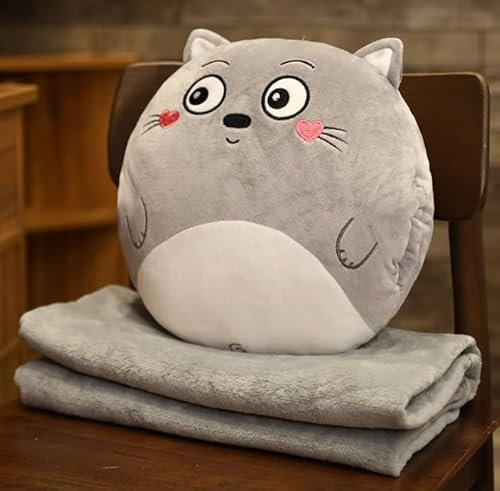 LOMUG 3-in-1 Reisedecke und Kissen Set mit Bezug, Kuscheldecke und Nackenkissen für Auto, Sofa oder Nickerchen – Rückenlehnenkissen für Kinder und Freunde (Katzen, Größe L)