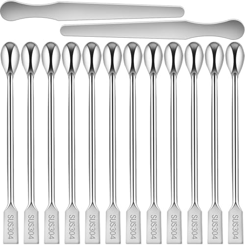 Artcome Juego de 2 espátulas de 7 pulgadas y 12 cucharas de acero inoxidable 304 de 7.87 pulgadas de largo con mango de doble extremo, ideal para agitar, recoger, raspar y tomar muestras en cocinas