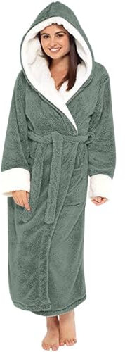 Bride Bademantel Damen Winter Farblich passende Plüschisolierung mit Mütze und Gürtel Langes Nachthemd Frauen Bademantel Nachthemd Bademantel Hochzeit (Green, XXL)