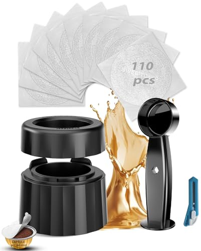 Reusable Vertuo Pod Refill Kit, 110 Aluminum Foil Lids for Nespresso | 110 Count,Food-Grade Aluminum Seals, Leak-Proof, for VertuoPlus/Next/Pop, with Holder, Scoop & Lid Cutter