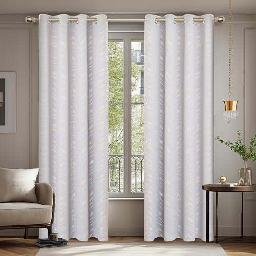 Deconovo Tende per Interni Oscuranti Termiche con Occhielli – Set di 2 Tende Eleganti con Stampa Dorata, Isolanti dal Calore, Grigio Perla, 140x175 CM, per Camera da Letto e Soggiorno