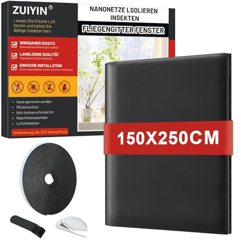 ZUIYIN Fliegengitter Fenster 150x250 cm, Insektenschutz Fenster ohne Bohren, Fliegennetz mit Upgrade 2.0 Klettband, Mückennetz Fenster, Fenstergitter Insektenschutz Schwarz