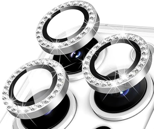 3 Protection Objectif Caméra Arrière pour iPhone 14 Pro/15 Pro/16 Pro/14 Pro Max/15 Pro Max/16 Pro Max, Verre Trempé 9H Protecteur Individuel Lentille Résistante Anti-Rayures HD, Argenté avec Strass