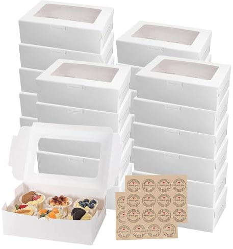 White Cupcake Boxes 6 Holes with Window Rectangle Cup Pop-Up Cake Boxes | 22Pcs Cavity Cake Boxes with Stickers & Inserts Takeaway Bakery Boxes for Cupcakes Muffins ( 24x15.5x7.5 Cm )