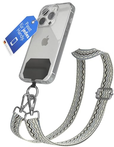 EAZY CASE - Handykette Universal zum Umhängen kompatibel mit jedem Handy Kette mit Hülle kombinierbar Handykordel mit Karabiner für Handyhülle Handyband zum Umhängen Bunt Welle Kordel Beige Blau