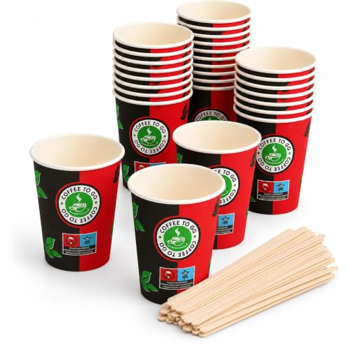 Bornshine - Juego de 400-8 oz (200 ml) - Vasos de cartón, Vasos de papel biodegradables ecológicos desechables para agua caliente fría - Incluye agitadores de madera prácticos