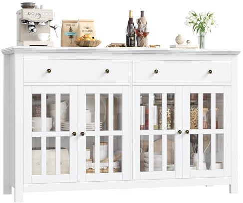 FirFurd Sideboard 140cm Breit Küchenschrank mit Arbeitsplatte Sideboard Wohnzimmer Küche Buffetschrank mit 2 Schubladen 4 Glastüren Küchenbuffet mit verstellbaren Regale 140x40x91 cm weiß
