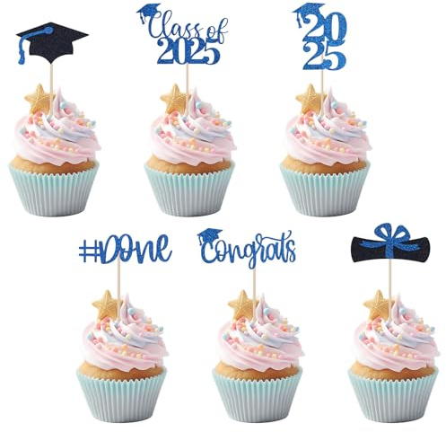 24pcs 2025 Graduation Cupcake Toppers, Glitter Congrats Class of 2025 Grad Cap Diploma Cupcake Picks Blue/Black Graduation Theme Cake Decorations Photo Props Party Decor Supplies (6 Styles)