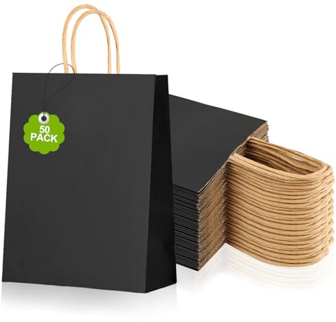 50PCS Sacs en Papier Kraft avec Poignées 15x8x21cm, ELEPRUC 130g/m² Sacs Cadeaux, Petits Sacs de Fête, Noir Pochette Papier, Pochette Cadeau, Cabas pour Pâtisserie Shopping et les Fêtes de Fin d'année