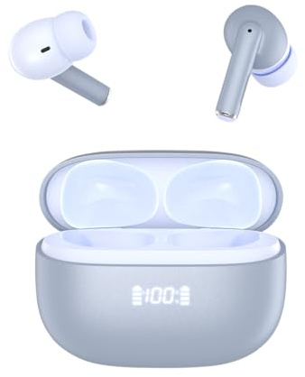 Cuffie Bluetooth, TWS,Auricolari Bluetooth 5.1 Stereo HiFi, ANC/ENC Cancellazione Rumore Cuffie Wireless, 30 Ore, Touch Screen con Equalizzatore, In Ear Cuffie S/F,IP7 Imper, Bianco (Blue chiaro)