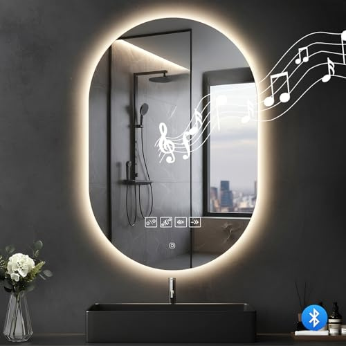 Lightasea Specchio da bagno con illuminazione, 50 x 75 cm, specchio con illuminazione, specchio da bagno con interruttore touch, Bluetooth, 3 colori di luce, dimmerabile, anti-appannamento, verticale