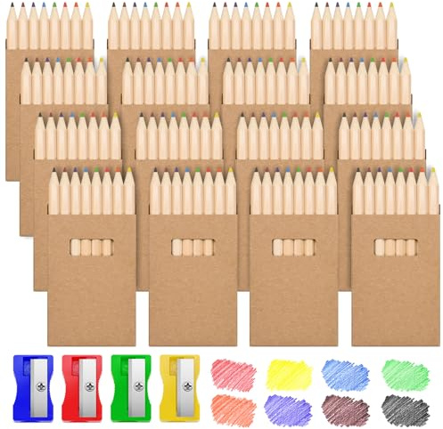 Sheryl&Rain 128 Pcs Mini Colouring Pencils, 8 Assorted Colours Small Colored Pencil Short with 4 Sharpeners, 16 Pack Mini Colouring Crayon Pencils Wooden for Party Bags Drawing