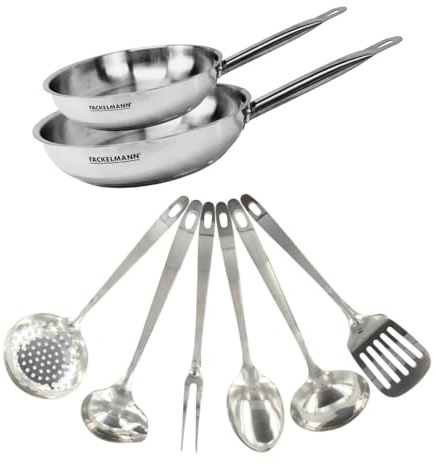 Fackelmann Set 2 poêles inox 24 et 28 cm avec 6 ustensiles inox | Cuisson maîtrisée, 2 poêles 24 et 28 cm, Acier inox 18/8, Tous feux induction, 6 ustensiles inox, Sans PFAS