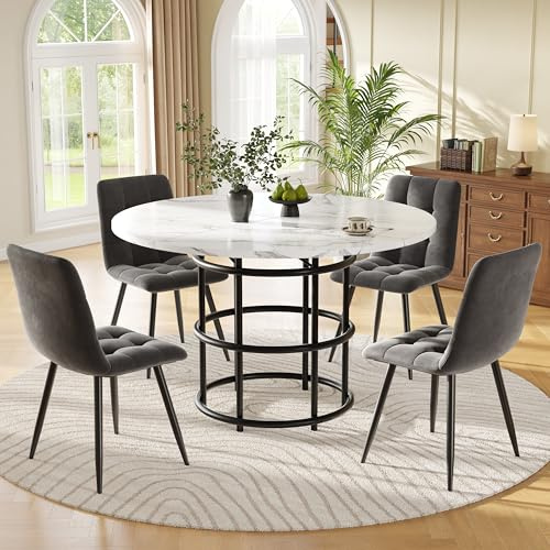 Gxffipw Essgruppe Runder Esstisch mit 4 Stühlen Set für 4 Personen, Esstisch Rund 100X100X76 cm mit Schwarz Metallbeinen und 4 Grau Samt Esszimmerstühle, Küchenmöbel, Esszimmermöbel