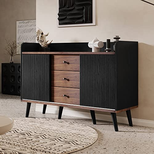 Jaxenor Sideboard Wohnzimmer mit 3 Schubladen, Moderne Holzfarbe Wohnzimmerschrank mit Stauraumregalen, Esszimmerschrank, Schwarz und Holz