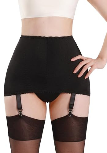 Luxallacki Classic Flat Sewn Panel Open Bottom Girdle with 4-Strap Suspender Belts, Waist Shaping Garter Skirt (Black,L)