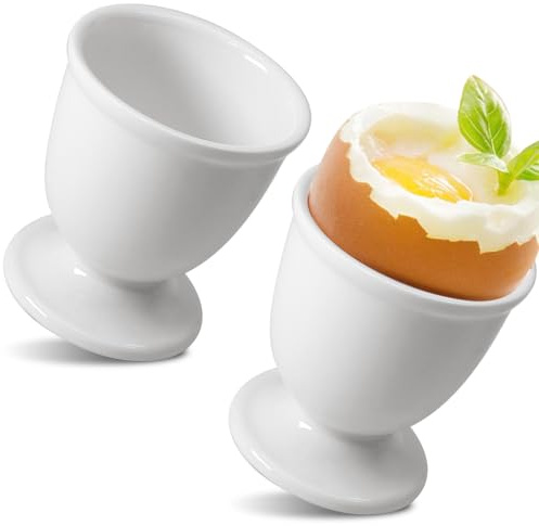 Kyuionty Ceramic Egg Cups Set of 2, White Porcelain Holder Egg Holder for Boiled Eggs Breakfast Cooking Kitchen/Gift Childhood Memories