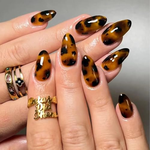 Nymora 24 Stück Mandel-Nägel zum Aufkleben, 3D-Leopardenmuster Französische Spitze, lange Stiletto Acryl mit Zubehörwerkzeug, Tipps für Urlaub, Abschlussball, DIY-Kunst