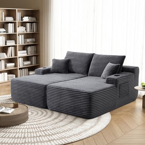 Yomsum 69 Oversized Boneless Sofa Bed, Double Chaise Lounge Chair Indoor, Plush Corduroy Sectional Couches for Living Room, Comfy Cloud Couch No Assembly(Dark Grey)
