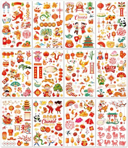 DPKOW 24 Feuilles Nouvel an Chinois Autocollants pour Artisanat Scrapbooking Album Bullet Journal, Gommettes Stickers pour Nouvel an Chinois Bricolage Cadeau Activité Manuelle Goodies