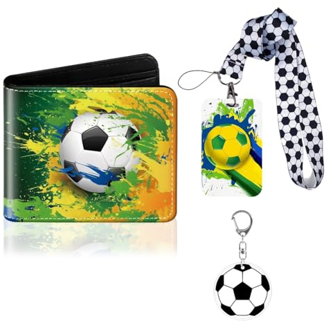 Cartera de Cuero para Niño, Portaidentificaciones de Fútbol, Llavero de fútbol, Cartera Deportiva, Monedero para Adolescentes, Portaidentificaciones, Regalo para Niños Adolescentes y Colegio