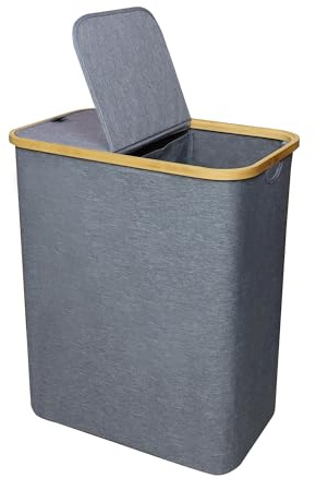 Bestlivings Wäschekorb mit 2 Fächern und 2 Deckel (34x54x65 cm) 120L, großer Wäschesammler mit Bambusrahmen, stilvolle Wäschetruhe atmungsaktive Wäschebox