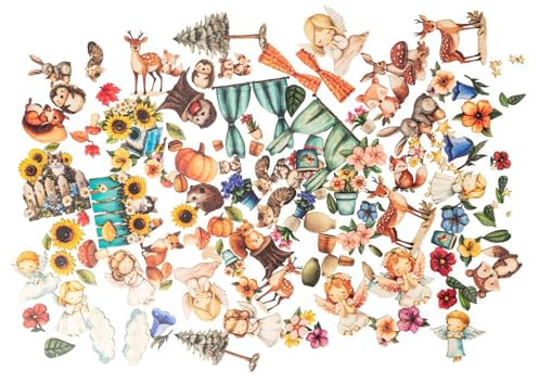 Ideen mit Herz Decoración para esparcir de madera, 157 piezas en 5 hojas troqueladas DIN A4, motivos de madera de colores, impresos por una cara, para manualidades y decoración (flores, animales y co