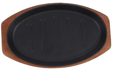 Angoily Assiette à Steak Fonte avec Plateau Bois Plat de Service Rond pour Maison et Restaurant Plaque de Cuisson pour Viande Poisson et Fromage