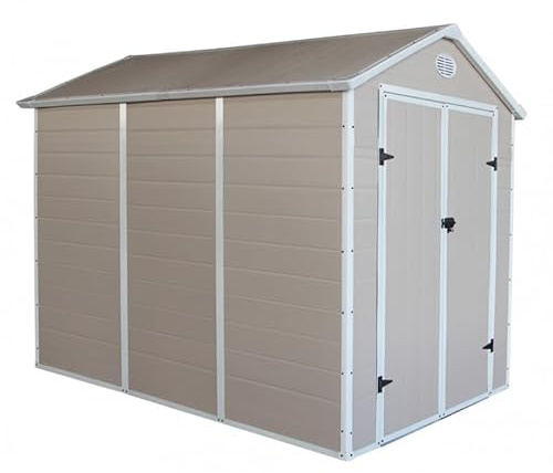 Jôbu Abri de Jardin en Résine Beige 5,32m² | Structure Acier Galvanisé | Kit d'Ancrage et Fondation Inclus | Double Porte Verrouillable, Fenêtre, Ventilation | Hauteur Faîtière 226cm - Garantie 10 ans