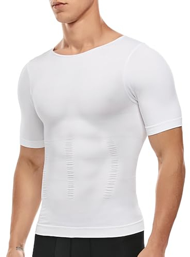 SLIMBELLE Body Shaper Men Elastic Slimming Waist Trainer Tummy Control Compression Shirt Base Layer Undershirts Compression top Shapewear for Men White