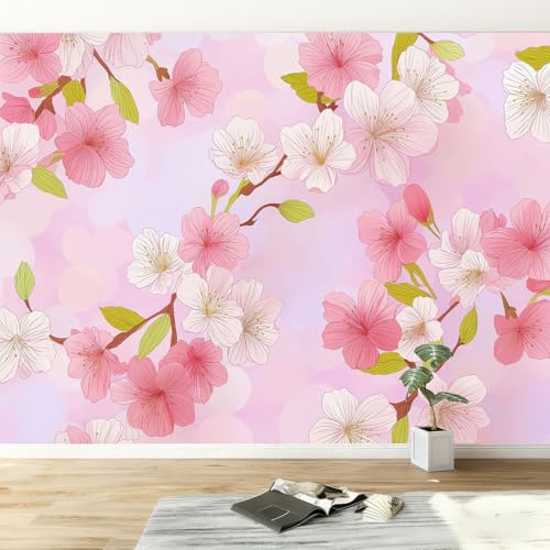Carta da Parati Murale Campagna Poster Fotografico 200L x 140A cm, Carta da Parati Muro Acquerello Piante Rosa Fiori di Ciliegio - Murale per Soggiorno Camera da Letto Cameretta Sala Giochi