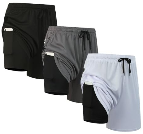 fovdtaa 3er Pack Herren Sportshorts 2 in 1 Schnelltrocknende Shorts für Gym Laufen Workout Sport Shorts Herren mit Taschen, L