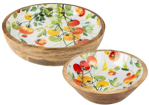 Carousel Home Set of 2 Mango Wood Serving Bowls with Tomato Enamel Interior, 30cm and 24cm Handcrafted Wooden Salad and Fruit Bowls