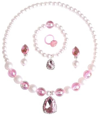 5 Pcs Kids Jewelry Set Handmade Pearl for Girls, Purple Heart Pendant Toddler Jewelry with Stretch Necklace, Bracelet, Adjustable Ring and Clip Earrings, Lovely Beaded Accessories for Dress (Pink)