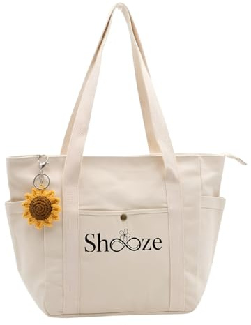 Bolso Tote Mujer Grande de Lona con Cremallera – Bolso Shopper Mujer con Bolsillos, Resistente y Ligero – Bolso Tela para Trabajo, Universidad, Viaje y Uso Diario – Diseño Minimalista Elegante