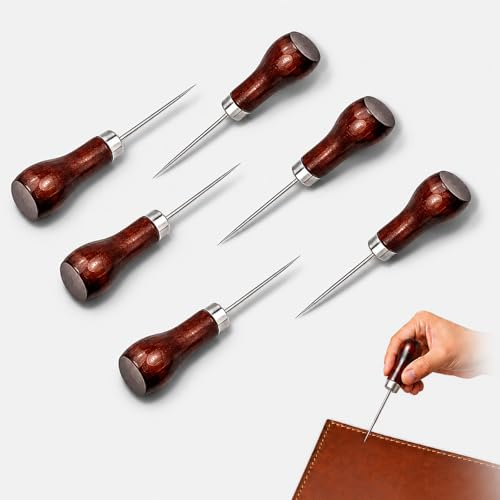 6PCS Gourd Shape Wooden Handle Awl Tool – Sharp Metal Tip for Leather Craft, Cloth Pouch Hole, Sewing, Hand Punching & DIY Making – 11.3cm