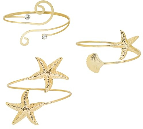 Xuwajeyu Juego de 3 brazaletes Dorados, joyería Ajustable para Brazo Superior con diseño de Animales Marinos y Espiral, para Verano y Festivales