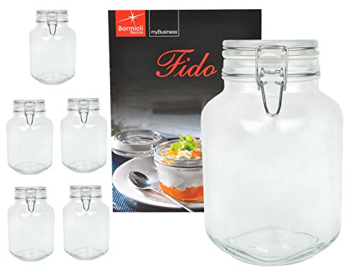 Bormioli - Set da 6 vasetti in vetro per conserva con chiusura a leva, capacità: 3 litri, libro di ricette Bormioli incluso