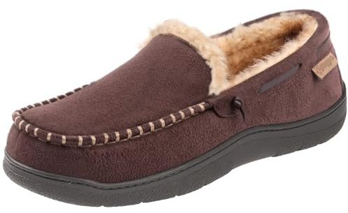 Zigzagger Men's Slip On Moccasin Slippers, Indoor/Outdoor Warm Fuzzy Comfy House Shoes, Fluffy Wide Loafer Slippers,Coffee, 7-8 D(M) US