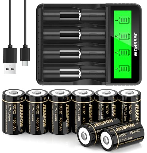 CR2 Rechargeable Batteries and Charger, JESSPOW 450mAh 3.7V CR2 Battery, 8 Pack RCR2 Rechargeable Batteries for Golf rangefinder, Telescope, Electric Toys, Smoke Alarm and More(Not for Arlo Camera)