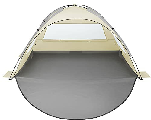 Oileus Strandzelt für 2–3 Personen, tragbarer Sonnenschutz, UV-Schutz, erweiterter Bodenbelüftung, Netzstoff, aufrollbar, Fenster, Tragetasche, Heringe, 6 Sandtaschen, Angeln, Wandern, Camping, Khaki