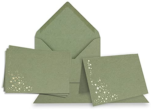 NEUSER PAPIER Faltkarten-Set mit Umschlägen DIN A6 - Kraftpapier Grün mit goldenen Metallic Sternen - 20 Sets - für Drucker geeignet Ideal für Weihnachtskarten