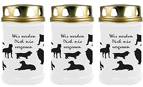 HS Candle Grabkerze - 3er Pack - Grablicht mit Tier-Motiv (Hunde) - ca 40h Brenndauer je Kerze (12cm, Ø 6cm) - viele versch. Designs