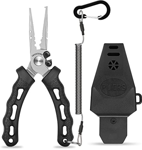 TRUSCEND Multifunktionelles Angelzubehör, Arretierbare Angelzangen Set | Einfach zu Bedienen, Ergonomischer Griff, Handlich, Salzwasserfest & Rostfrei, Teflon-beschichtet, Angelgeschenke für Männer